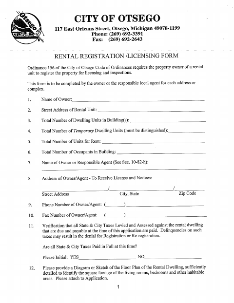First page of the Rental Registration and Licensing Form
