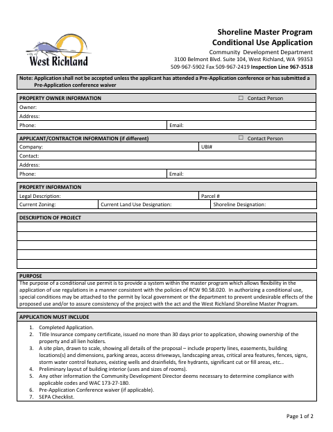 First page of the Shoreline Master Program Conditional Use Application