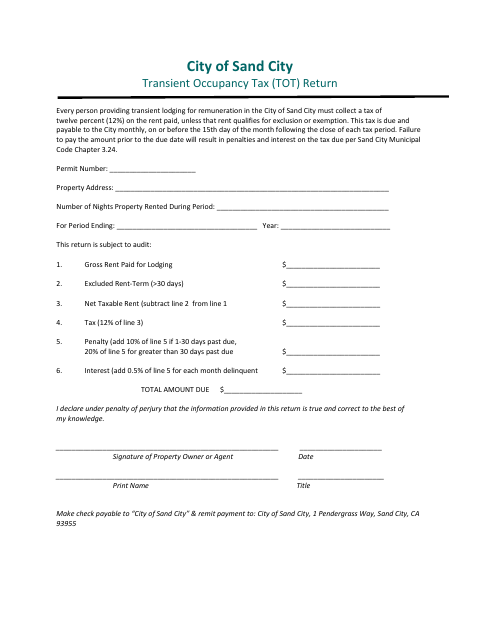 First page of the Transient Occupancy Tax Return