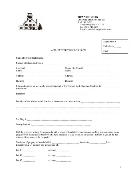 First page of the Subdivision Application