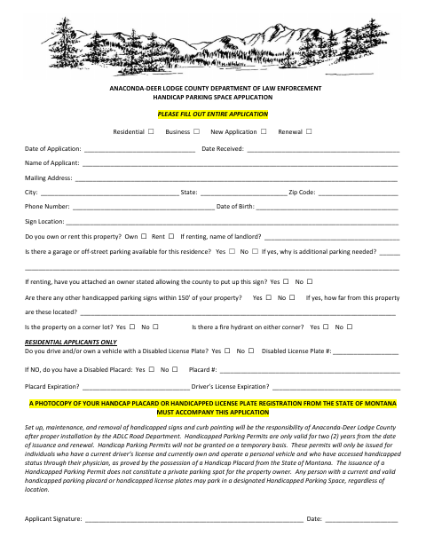 First page of the Handicap Parking Application (Residential and Business)