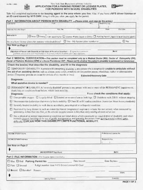 First page of the Application for a Parking Permit or License Plates for Persons with Severe Disabilities
