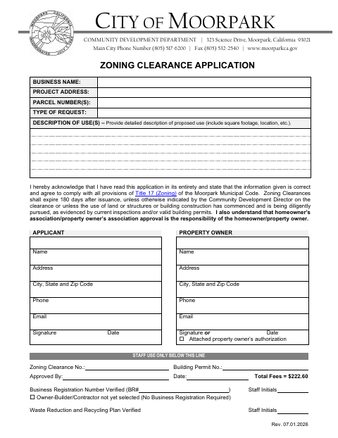 First page of the Zoning Clearance Application