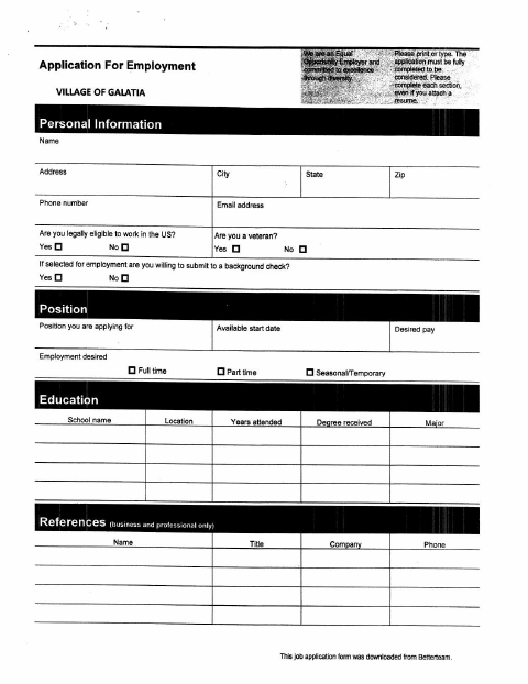 First page of the Application for Employment
