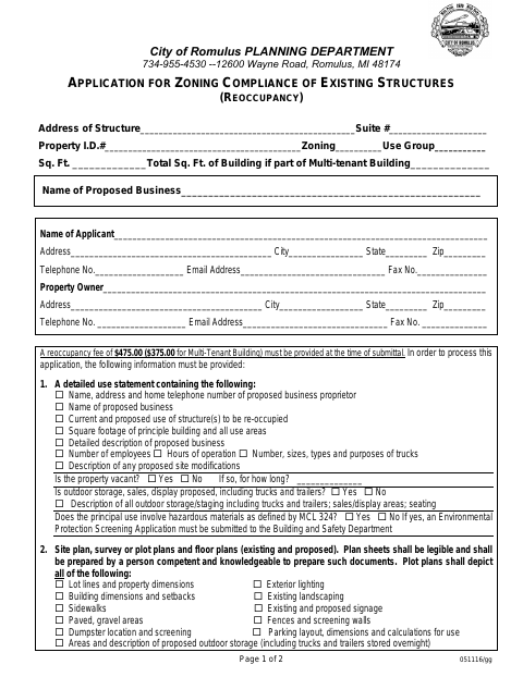 First page of the Zoning Compliance Application for Reoccupancy