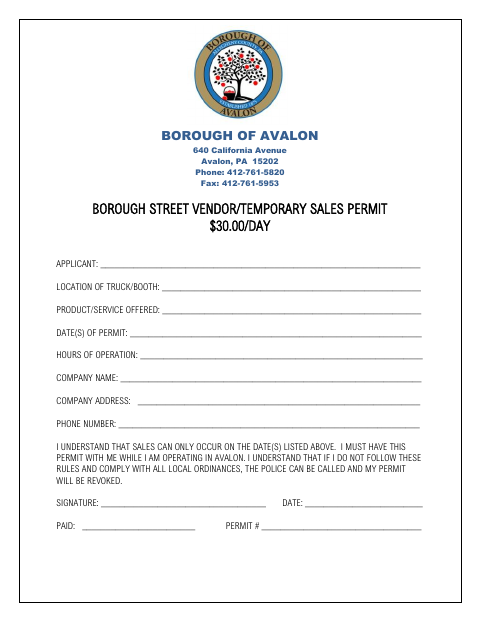 First page of the Borough Street Vendor/Temporary Sales Permit