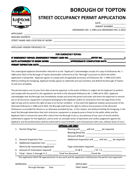 First page of the Street Occupancy Permit Application