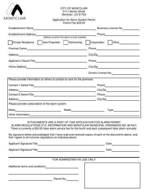 First page of the Application for Alarm System Permit