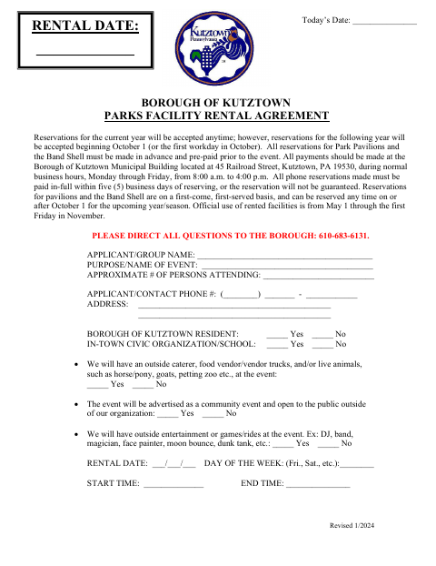 First page of the Parks Facility Rental Agreement