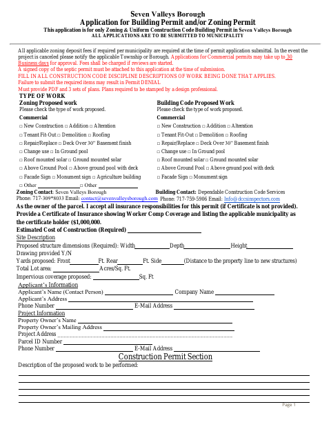 First page of the Commercial Building and Zoning Permit Application