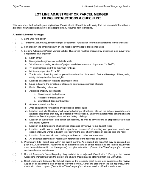 First page of the Lot Line Adjustment and Parcel Merger Application