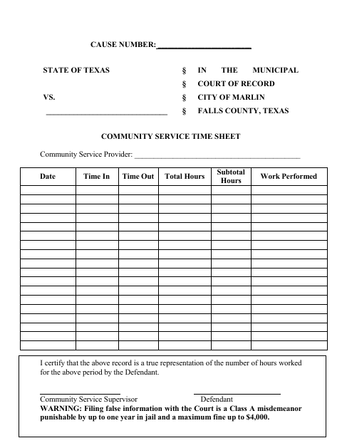 First page of the Community Service Time Sheet
