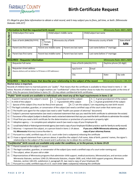 First page of the Birth Certificate Request