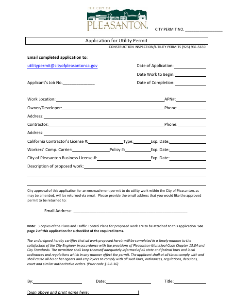First page of the Utility Encroachment Permit Application