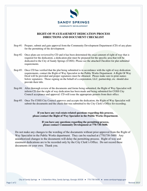 First page of the Right-of-Way/Easement Dedication Process Checklist