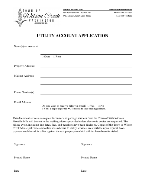 First page of the Utility Account Application
