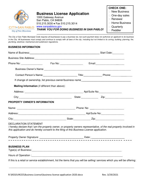 First page of the Business License Application