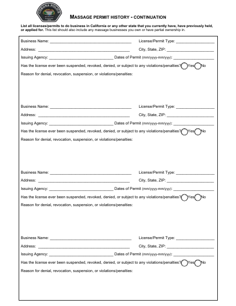 First page of the Massage Permit History Continuation