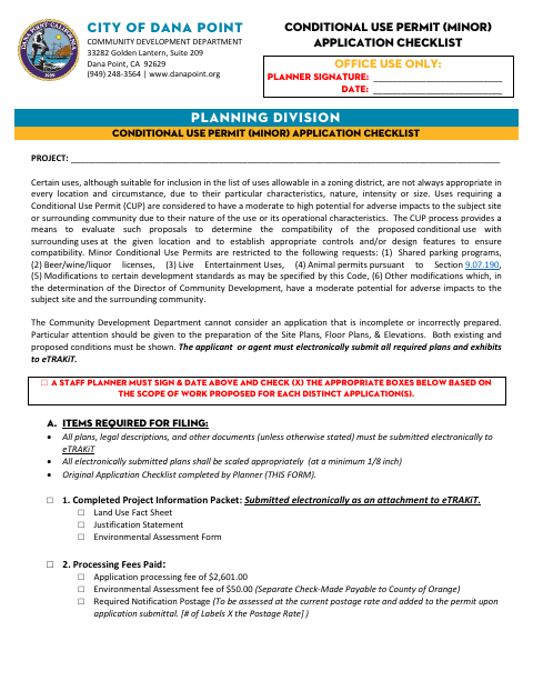 First page of the Conditional Use Permit (Minor) Application Checklist