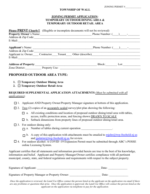 First page of the Zoning Permit Application: Temporary Outdoor Dining Area & Temporary Outdoor Retail Area
