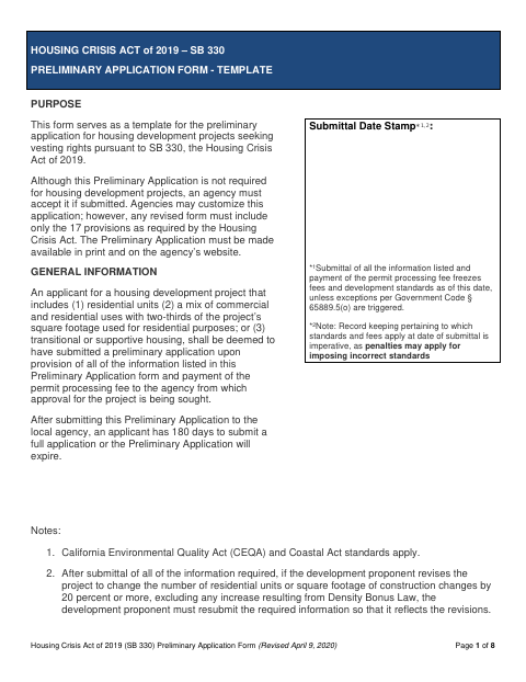 First page of the Housing Crisis Act of 2019 – SB 330 Preliminary Application Form