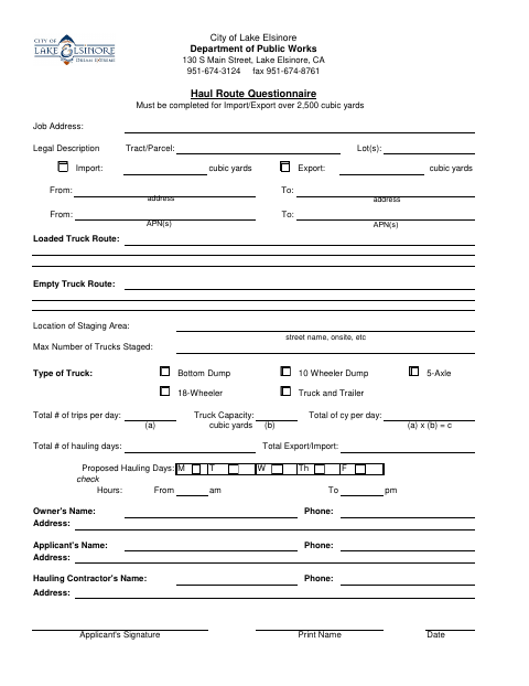 First page of the Haul Route Questionnaire