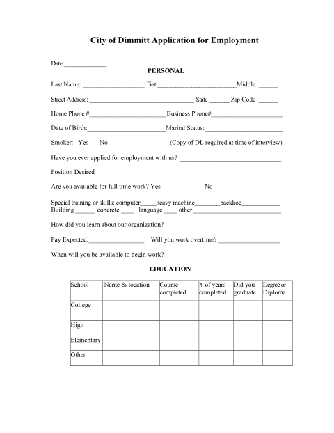 First page of the Public Works Employment Application
