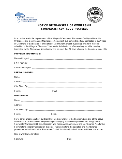 First page of the Notice of Transfer of Ownership of Stormwater Control Structures