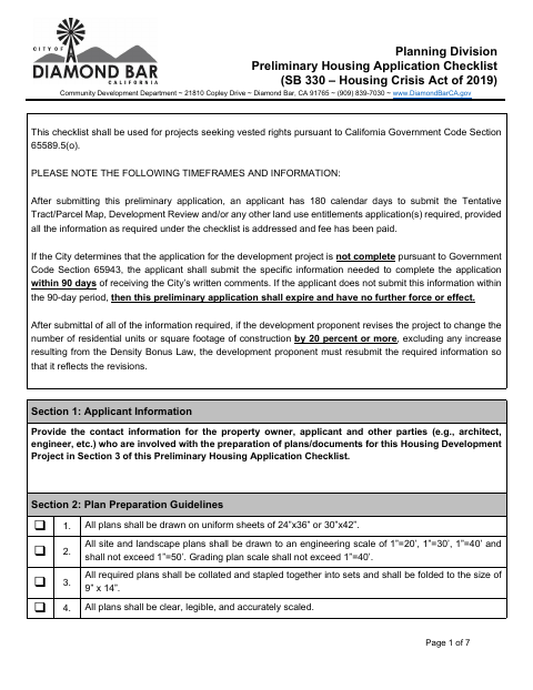 First page of the Preliminary Housing Application Checklist