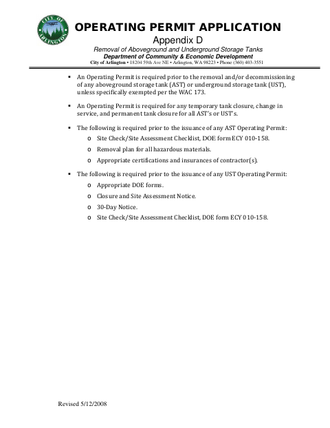 First page of the Operating Permit Application Appendix D Removal of Aboveground and Underground Storage Tanks