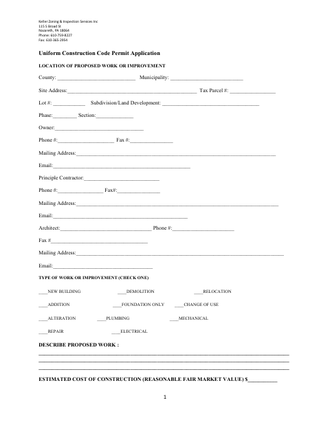 First page of the Uniform Construction Code Permit Application