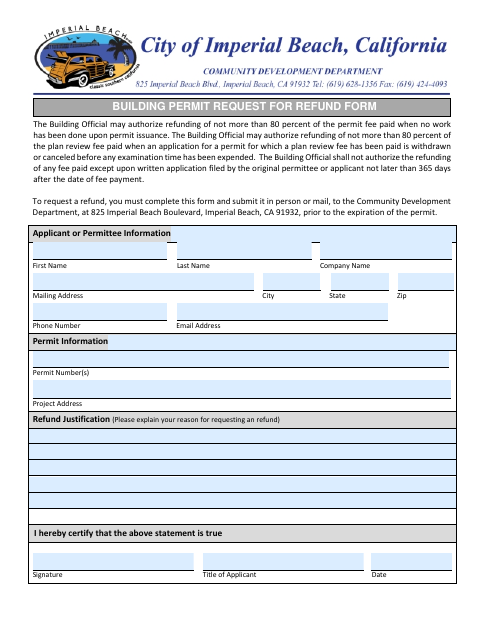 First page of the Building Permit Request for Refund Form