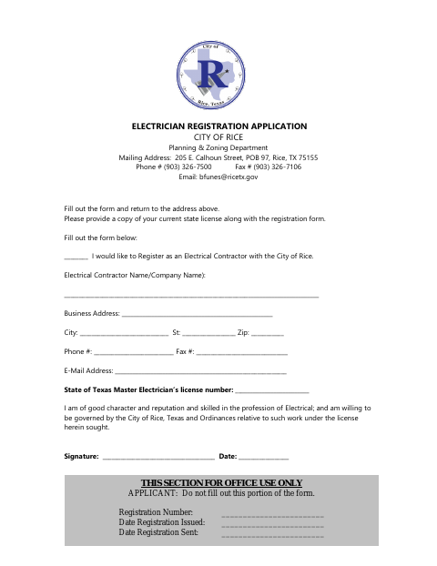 First page of the Electrical Contractor Registration Application