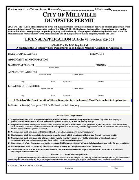 First page of the Dumpster Permit