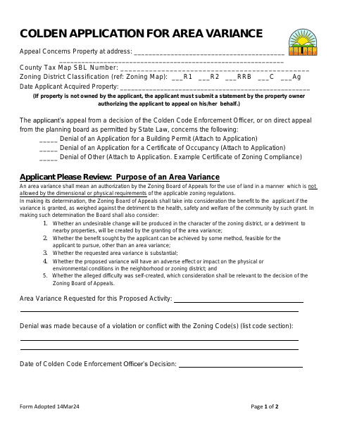 First page of the Application for Area Variance