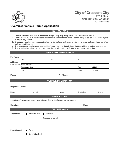 First page of the Oversized Vehicle Permit Application
