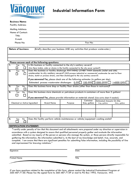First page of the Industrial Information Form