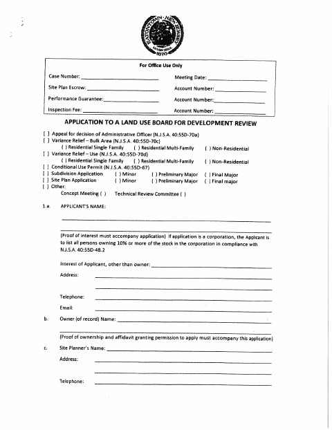 First page of the Planning Board Development Review Application