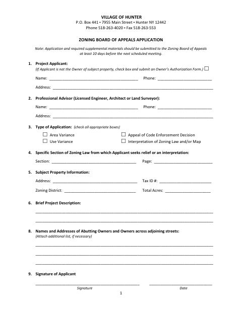 First page of the Zoning Board of Appeals Application