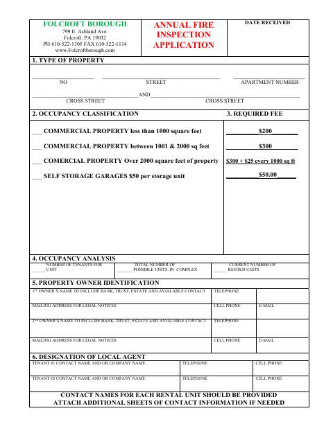 First page of the Annual Fire Inspection Application