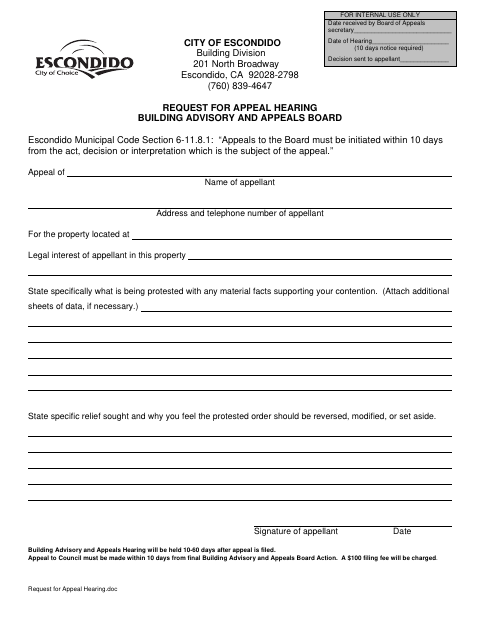 First page of the Request for Appeal Hearing
