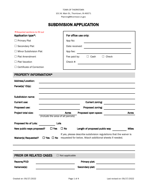 First page of the Subdivision Application