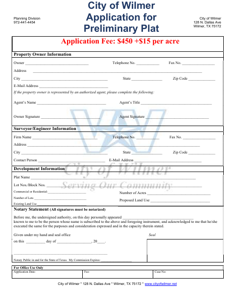 First page of the Preliminary Plat Application