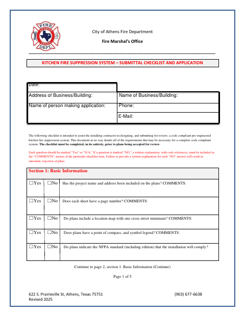 First page of the Kitchen Fire Suppression System – Submittal Checklist and Application