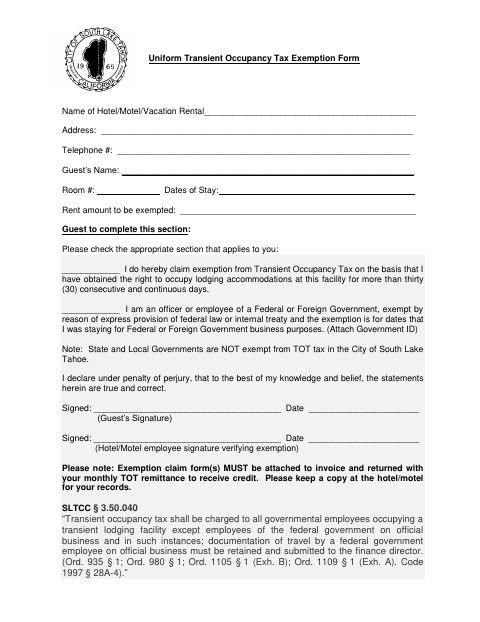 First page of the Uniform Transient Occupancy Tax Exemption Form