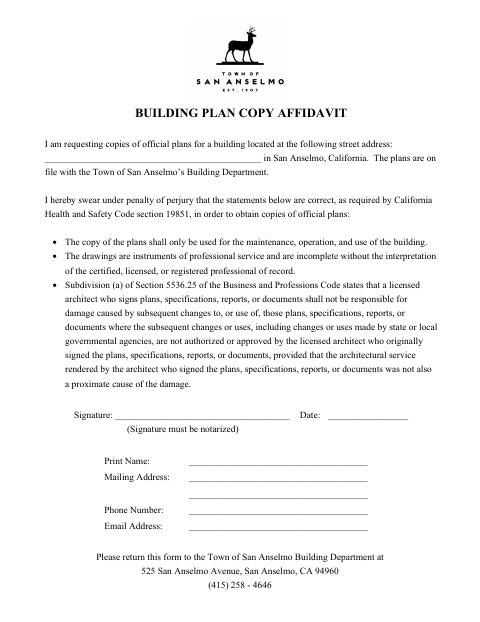 First page of the Building Plan Copy Affidavit