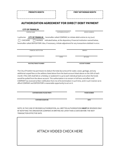 First page of the Authorization Agreement for Direct Debit Payment