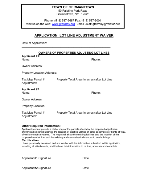 First page of the Lot Line Adjustment Waiver Application
