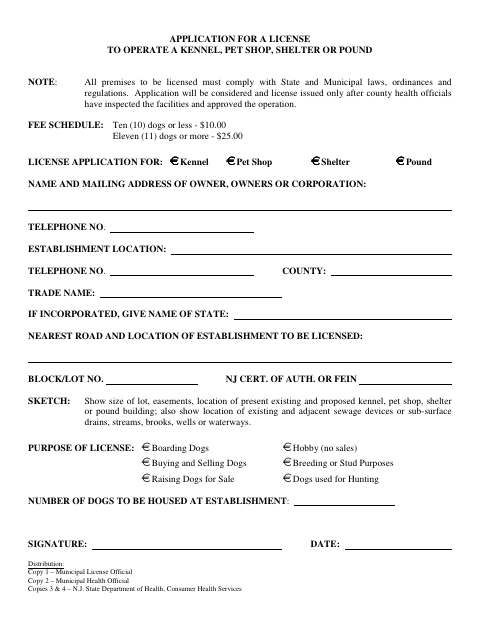 First page of the Application for a License to Operate a Kennel, Pet Shop, Shelter or Pound