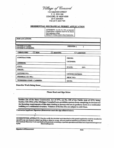 First page of the Residential Mechanical Permit Application